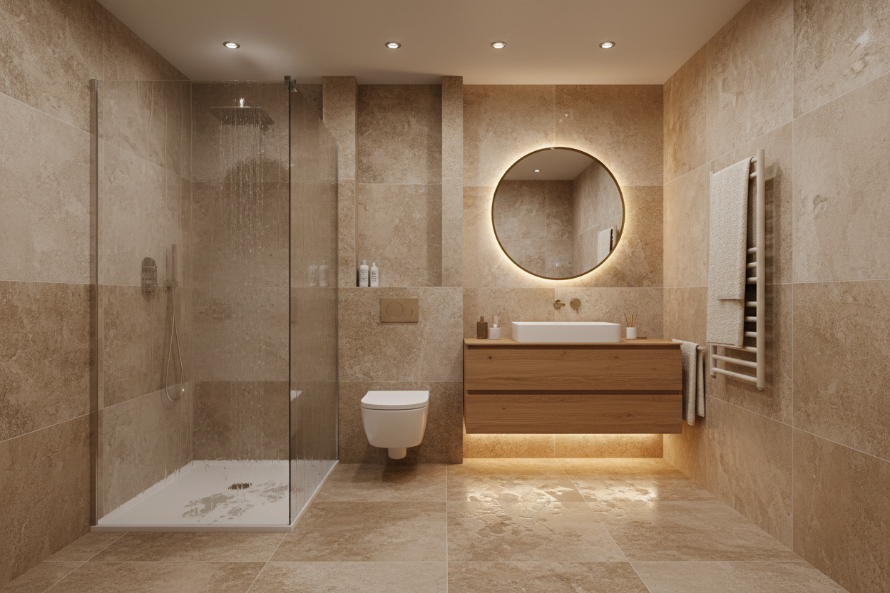 Bagno completo con doccia pavimento gres