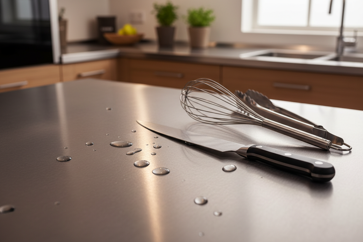 Dettaglio piano cucina in acciaio splendente