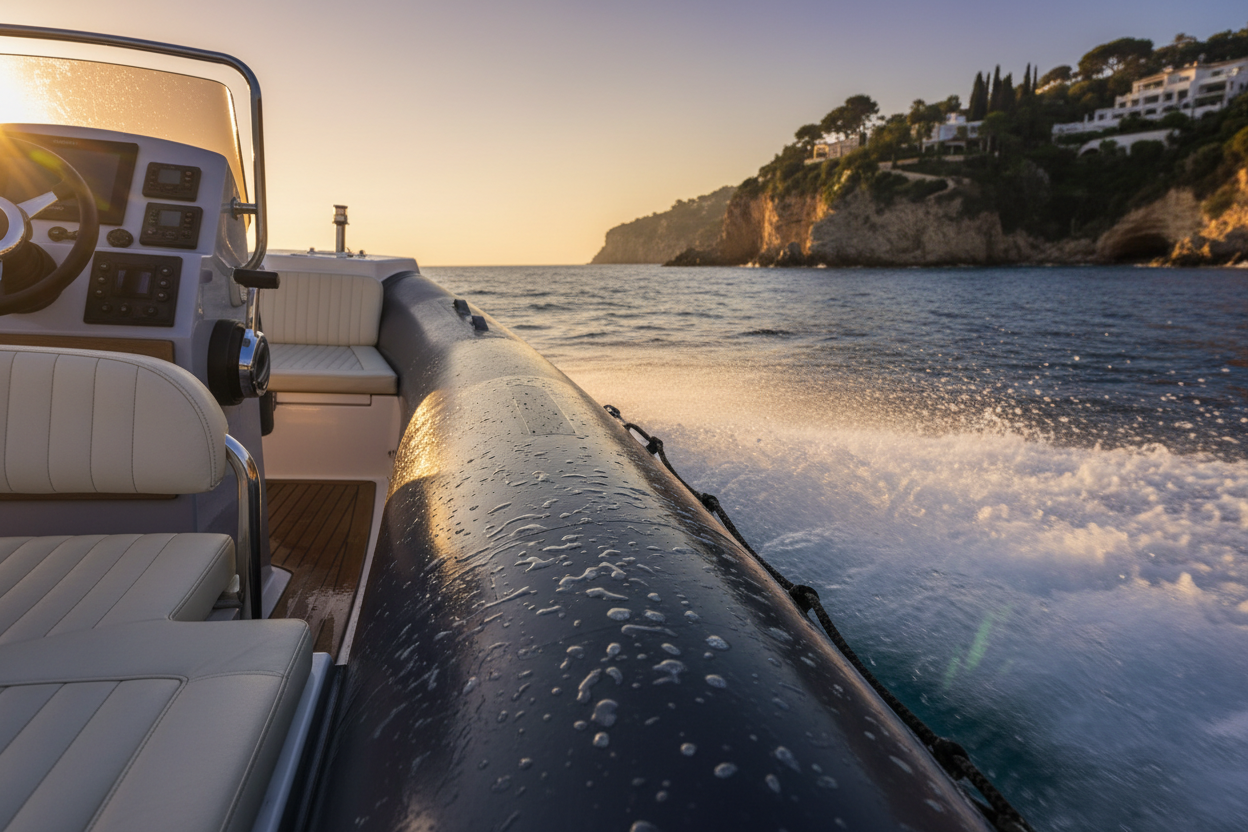 Gommone in mare con effetto idrofobico